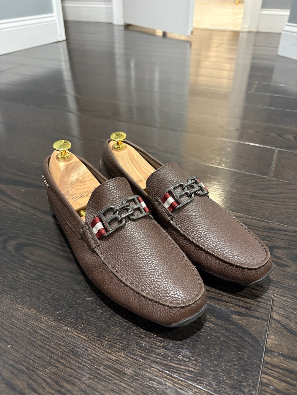 Bally Brown Pebbled Leather Slip-On Loafers with Striped Webband and Metal Bit